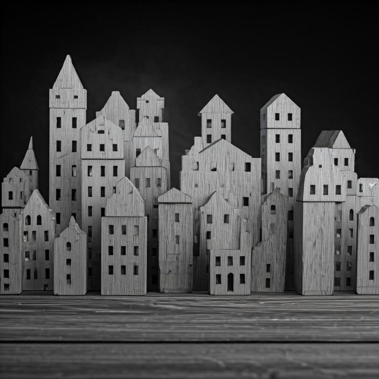 Wooden skyscrapers towering in a sustainable urban landscape.